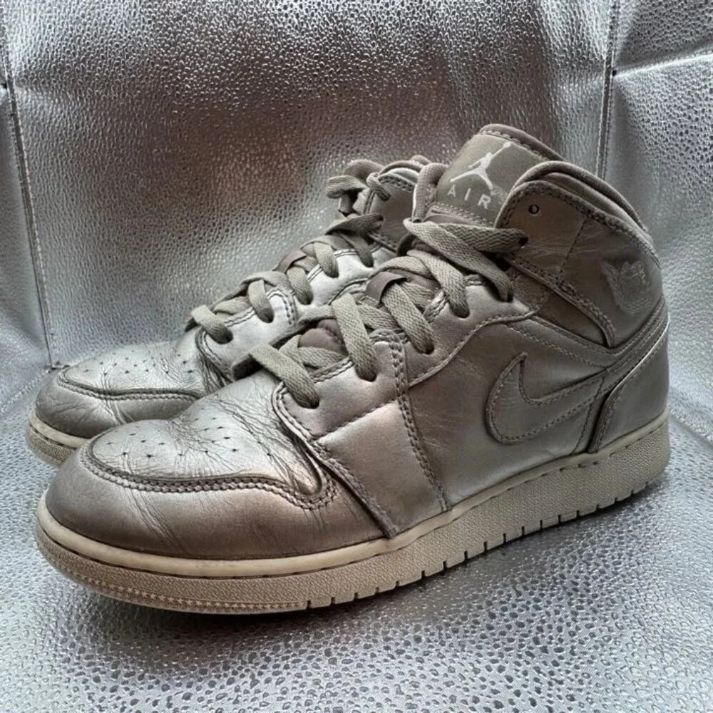 Size 7Y - Nike Air Jordan 1‎ AJ1 Mid GS Sepia Stone Noble Gold Kids Silver Shoes